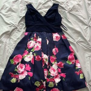 navy blue dress with floral bottom